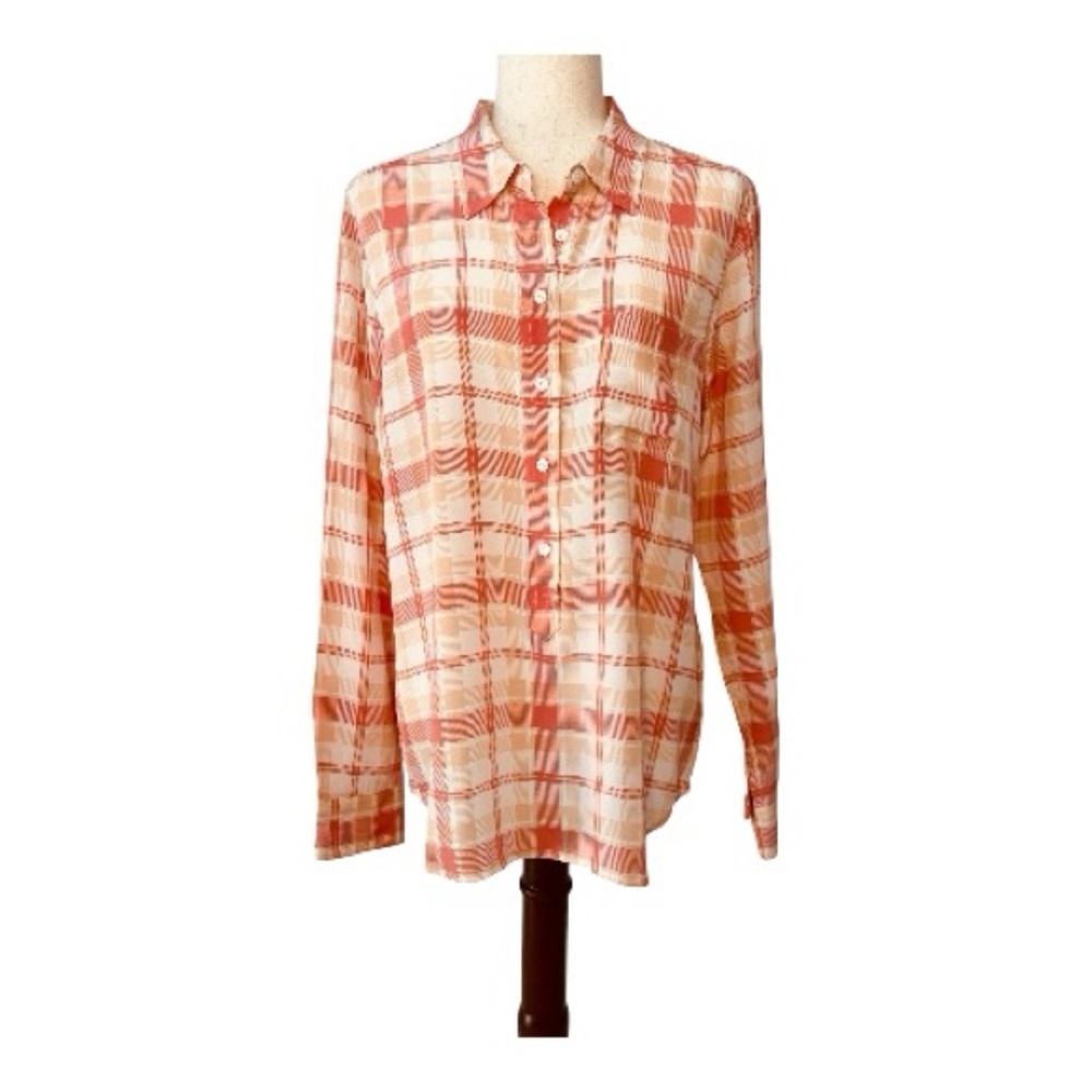 Equipment Femme Silk Cream with Peach Plaid Long Sleeve Blouse Size Large - Picture 2 of 7